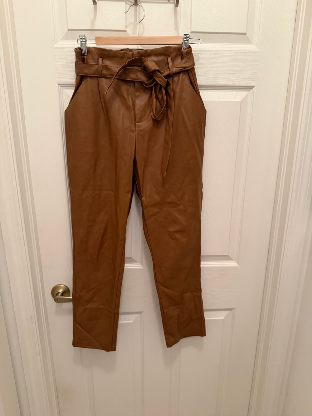 Lucy Paris Tan Faux Leather Paperbag Waist Ankle Pants